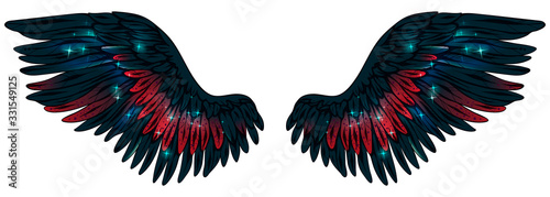 Beautiful glowing magic shiny dark navy blue wings with bright red feathers, vector