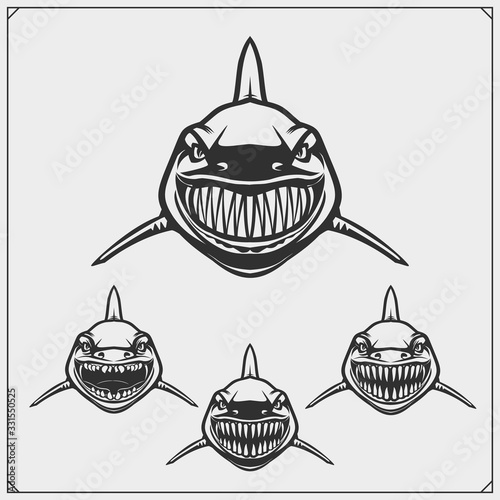 Aggressive shark set. Print design for t-shirts.
