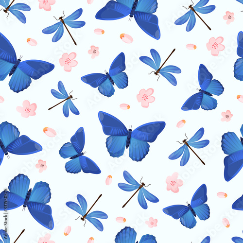Bright blue butterflies and dragonflies seamless pattern.