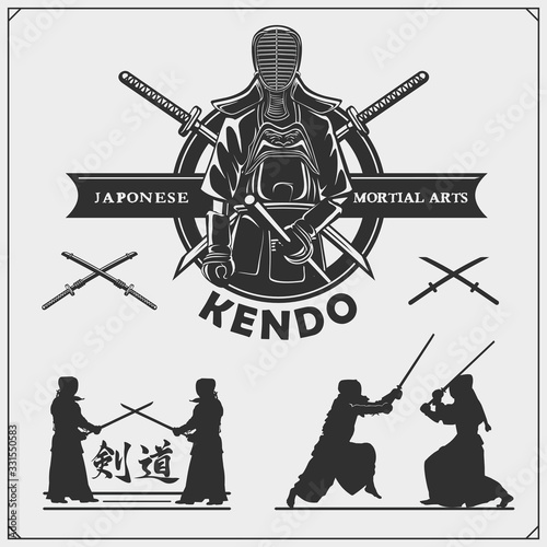 Kendo set. Kendo fighters in traditional clothes silhouette. Sport club emblems. Print design for t-shirt.