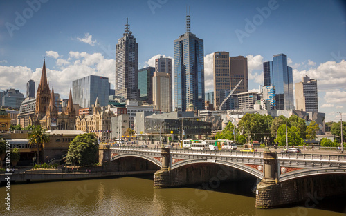 Melbourne CBD  City Business District  with Princess Bridge crossing Yarra River  Australia