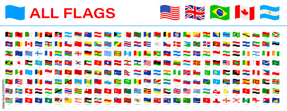 All World Flags - Vector Waving Flat Icons. 2020 versions of flags - obrazy, fototapety, plakaty 