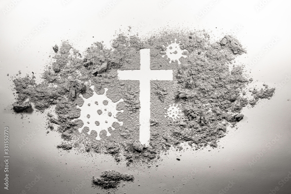 Christian cross and covid-19, coronavirus virus bacteria microbe germ made in ash, dirt, dust as religion church god, Jesus Christ, Easter, Lent and Good Friday holiday unknown and uncertain concept