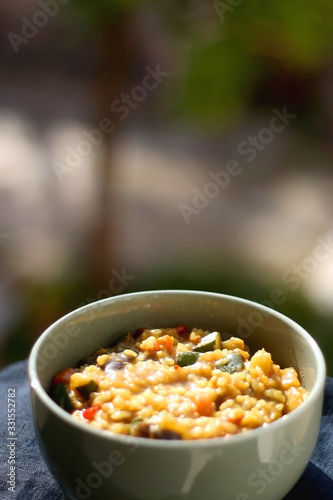 Bowl of stir-fry rice with vegetables. Selective focus.