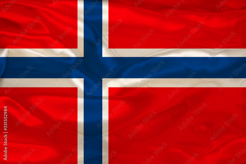 beautiful photo of the colored national flag of the modern state of Norway on textured fabric, concept of tourism, emigration, economics and politics, close up beautiful photo of the colored national flag of the modern state of Norway on textured fabric, concept of tourism, emigration, economics and politics, close up