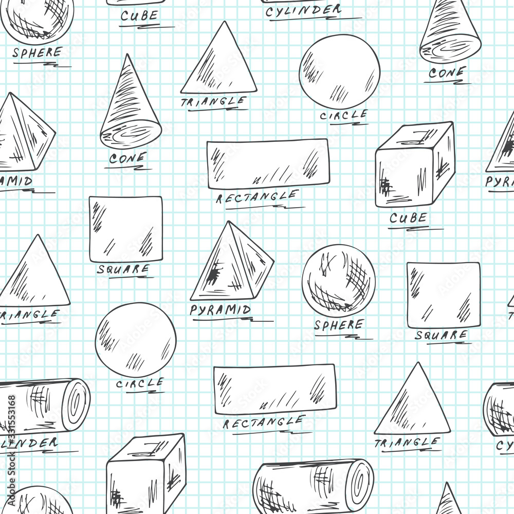 Vector Seamless pattern of Basic Geometric Shapes with Captions. Hand Drawn Doodles illustration Vector Seamless pattern of Basic Geometric Shapes with Captions. Hand Drawn Doodles illustration
