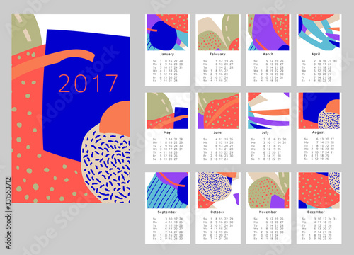 2017 Art hand drawn calendar. Set of 12 months. Week Starts Sunday. Vector clipart editable and scalable. 12 Doodle patterns. Week Starts Sunday. vector template with abstract art pattern.