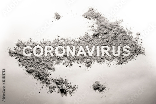 Coronavirus word written in dirt, filth as health hygiene, dangerous virus disease, covid-19 infection global world pandemic and contagious death sickness concept, medicine bad problem