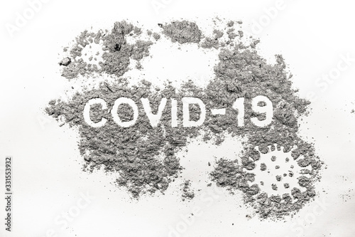 Covid-19 word and germ microbe mocroorganism silhouette as coronavirus, virus, infection disease and healthcare world problem, pandemic epidemic medical risk prevention problem