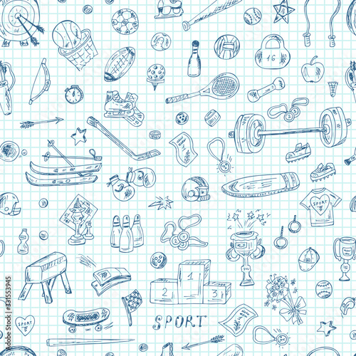 Sports. Seamless pattern of sports equipment. Hand Drawn Doodles Vector illustration.