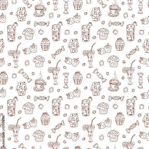 Vector Seamless Pattern of Hand Drawn doodle Desserts  Cakes  beverages and candy