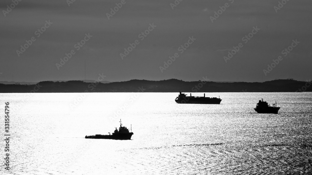 Grandes e distantes navios ancorados no mar em preto e branco