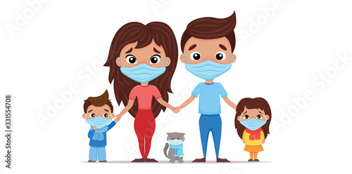 Coronavirus in China and in whole world. Novel coronavirus (2019-nCoV) Family in white medical face mask. Father mother Daughters Son and cat wearing a surgical mask. Vector flat cartoon illustration