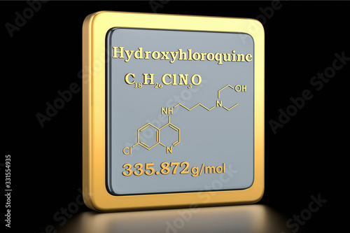 Hydroxychloroquine icon. Icon, chemical formula of HCQ, molecular structure. 3D rendering