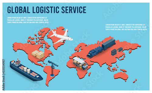 Modern Global logistic service isometric concept with export, import, warehouse business, transport. Vector illustration