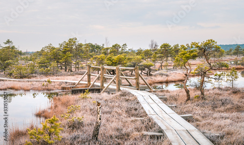 Colorful morning at Kemeri national park. Wooden trail leads through pounds and lakes. Aerial footage. © Viesturs