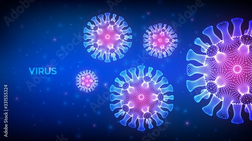 Coronavirus 2019-nCov. Abstract novel coronavirus bacteria. Microscopic view of virus cell close up. COVID-19. Dangerous asian ncov corona virus. SARS pandemic risk concept. 3D vector illustration.