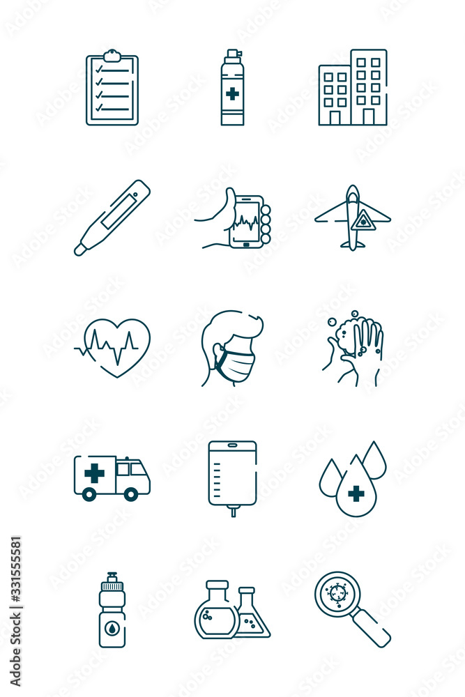 cardio heart and covid 19 concept icon set, line style cardio heart and covid 19 concept icon set, line style