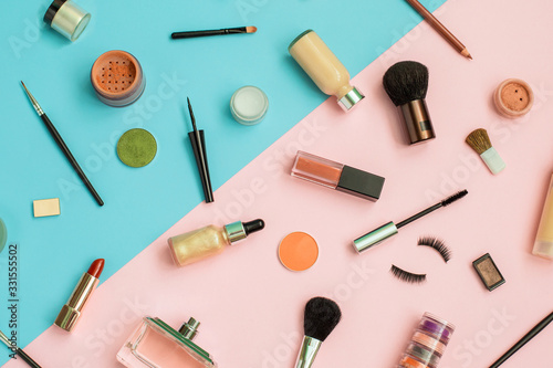 Set of Makeup professional cosmetics on color background