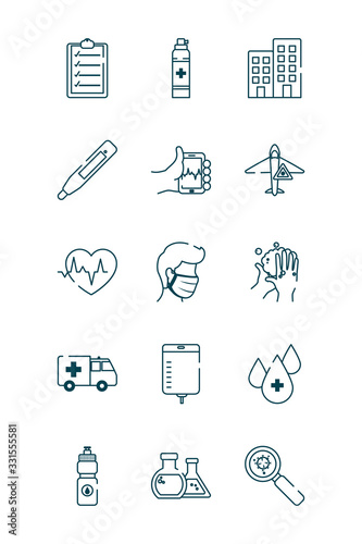 cardio heart and covid 19 concept icon set, line style