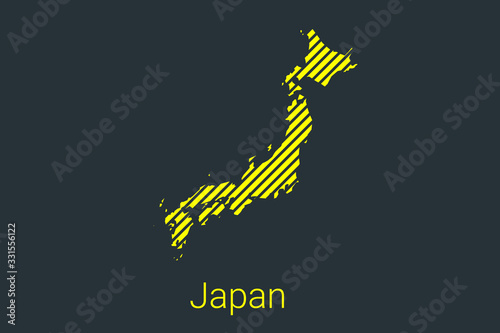 Map of Japan, striped map in a black strip on a yellow background for coronavirus infographics and quarantine area markers and restrictions. vector