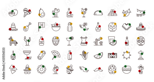 Mexican half line half color style icon set vector design