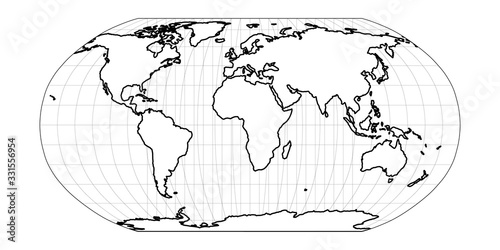 World Map in Robinson Projection with meridians and parallels grid. Americas centered. White land with black outline. Vector illustration