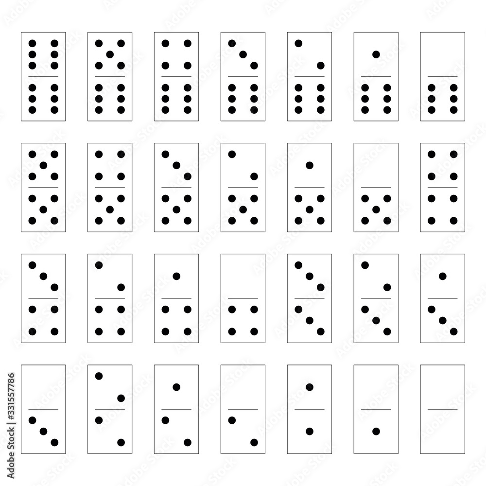 Domino set of 28 tiles. White pieces with black dots. Simple flat vector illustration Domino set of 28 tiles. White pieces with black dots. Simple flat vector illustration