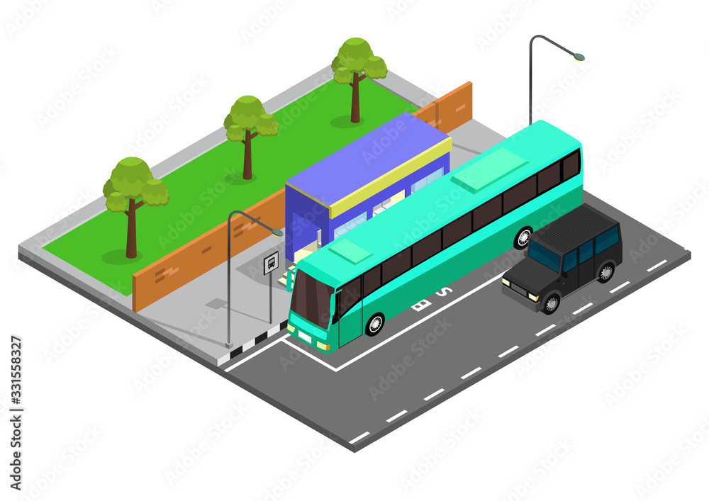 Isometric bus stop illustration Isometric bus stop illustration