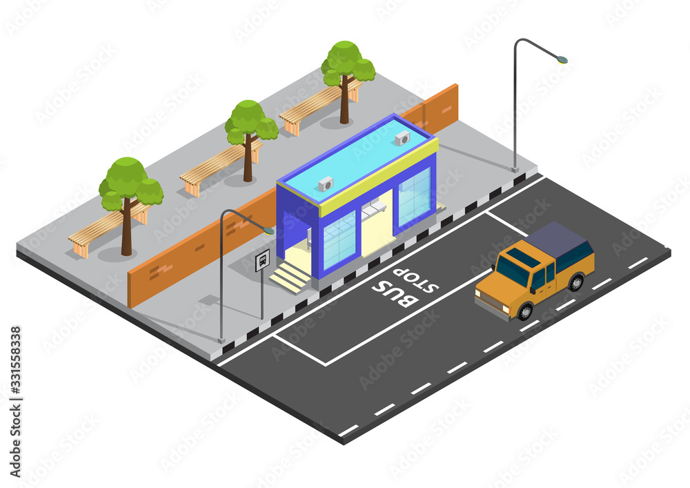 Isometric bus stop illustration