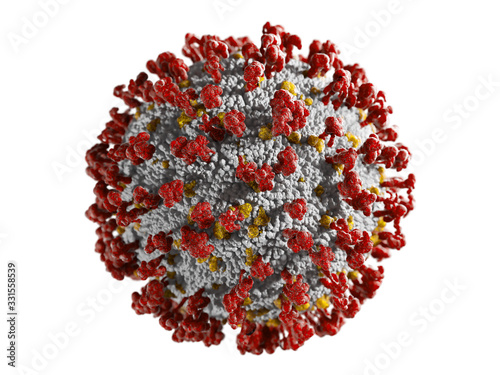 COVID-2019 Isolated coronavirus 2019-nCov bacteria 3D illustration with red shapes on a gray sphere shape in front of white background.
