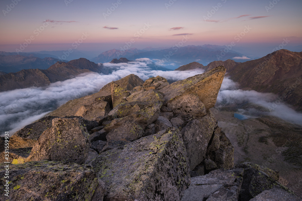  Sunrise over Val Camonica from the Plem peak, Adamello Park, Lombardy, Italy