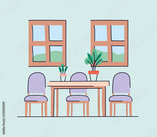 Dinning room with table and chairs vector design