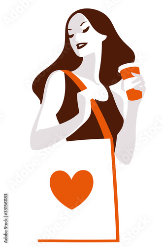 Wallpaper Mural A young girl with a paper coffee cup to go, holding a large tote shopping shoulder bag with a printed heart on it, vector illustration. Torontodigital.ca