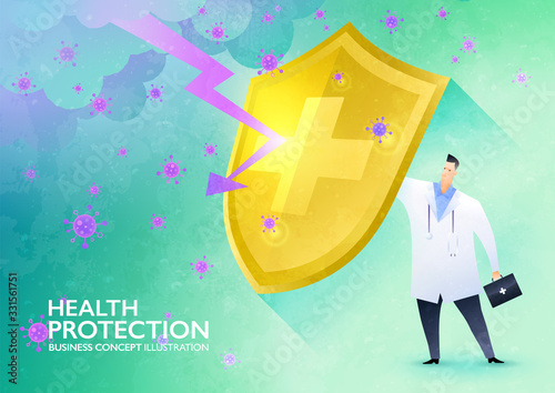 Health protection concept. Doctor rising the golden shield against the storm of viruses and lightning protecting himself from harm. Business vector illustration.