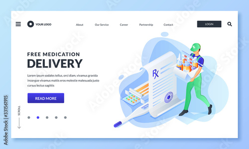Home delivery service of drugs, prescription medicines. Vector illustration. Online pharmacy, drugstore banner design