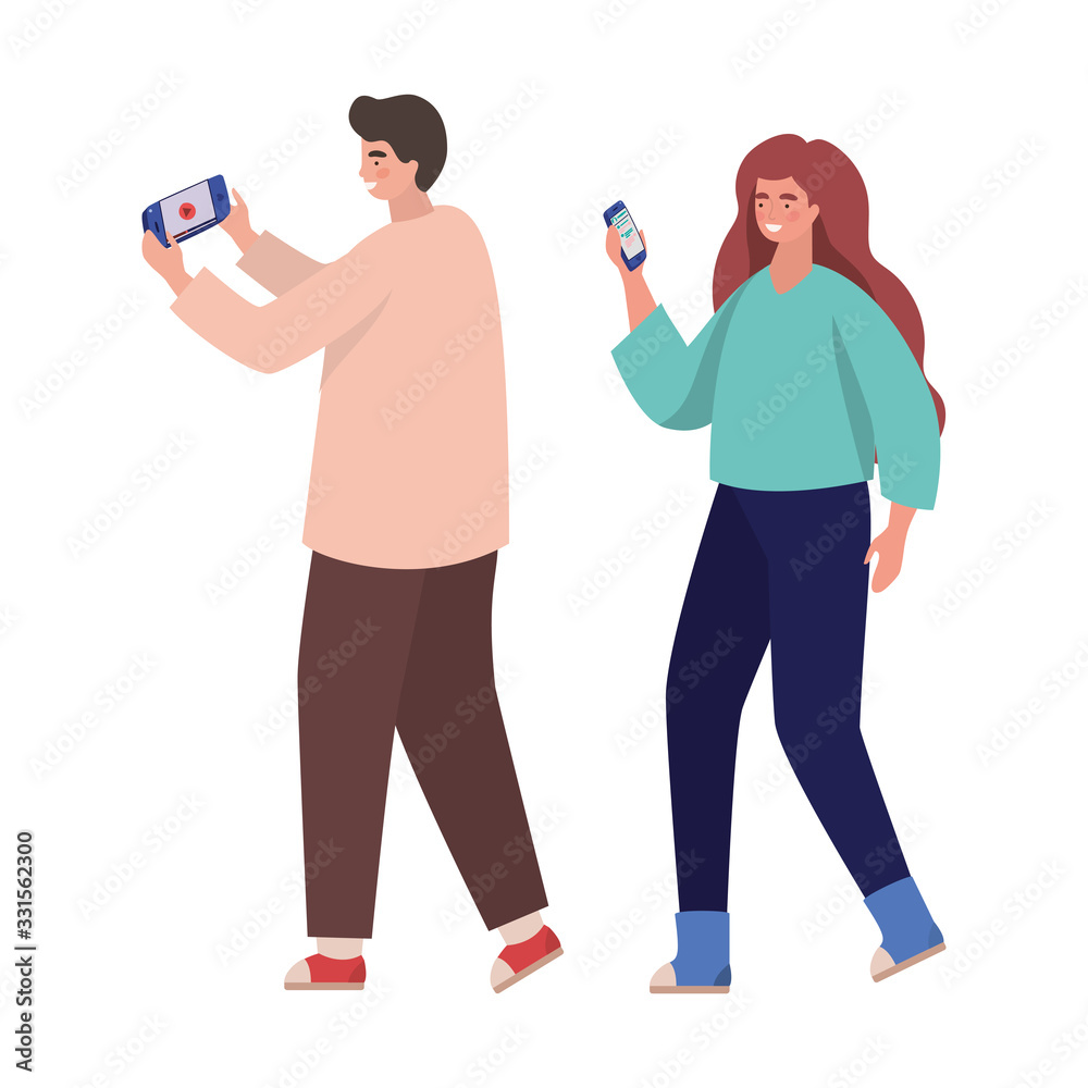 Girl and boy with smartphones vector design Girl and boy with smartphones vector design
