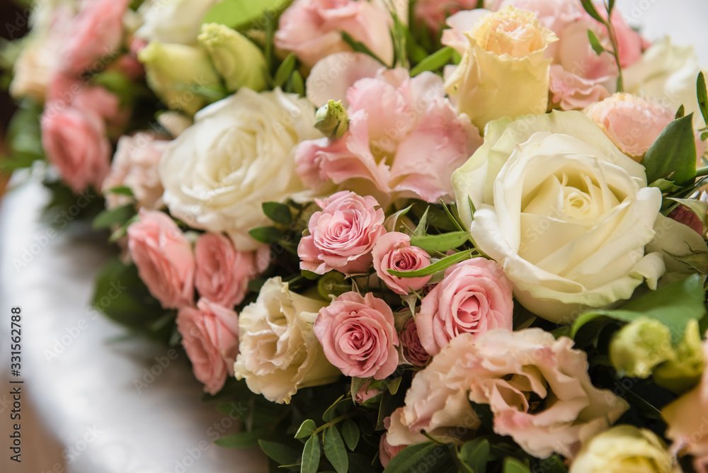 Colorful wedding bouquet on a table. Bridal bouquet. Luxury royal hotel. Valentine's day, birthday, dating or mother's day decoration