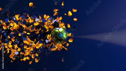 Green-Blue Soccer ball breaking with great force through a hot iron wall under spot light background. 3D high quality rendering. 3D illustration.