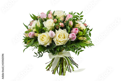 Fresh, lush bouquet of colorful flowers for present isolated on white background. Wedding bouquet of yellow and pink roses and freesia flowers