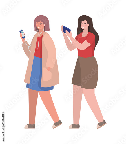 Girls with smartphones vector design
