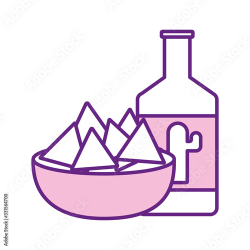 Mexican sauce bottle and nachos bowl line style icon vector design