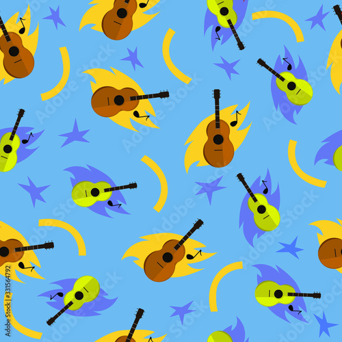 Seamless pattern of yellow and brown guitars of different sizes on a blue background. The object is isolated. Background on a separate layer.