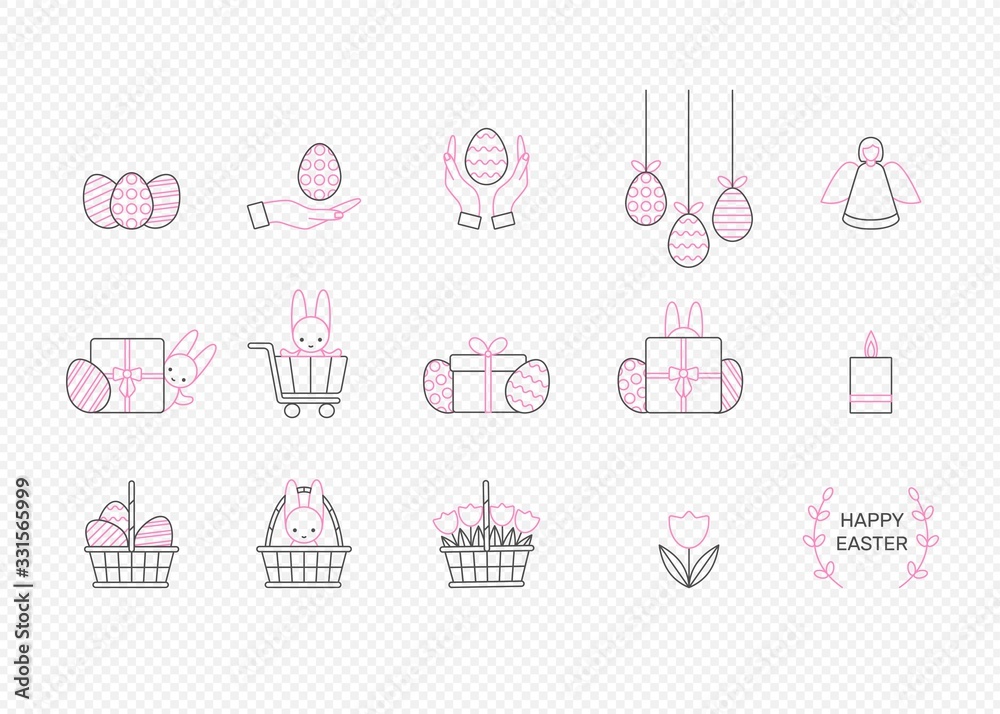 Easter icon set in black and pink color. Thin line drawing. Linear illustration isolated. Religious holiday symbols. Vector