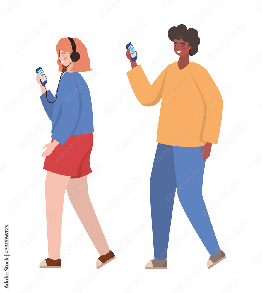 Boy and girl with smartphones vector design Boy and girl with smartphones vector design