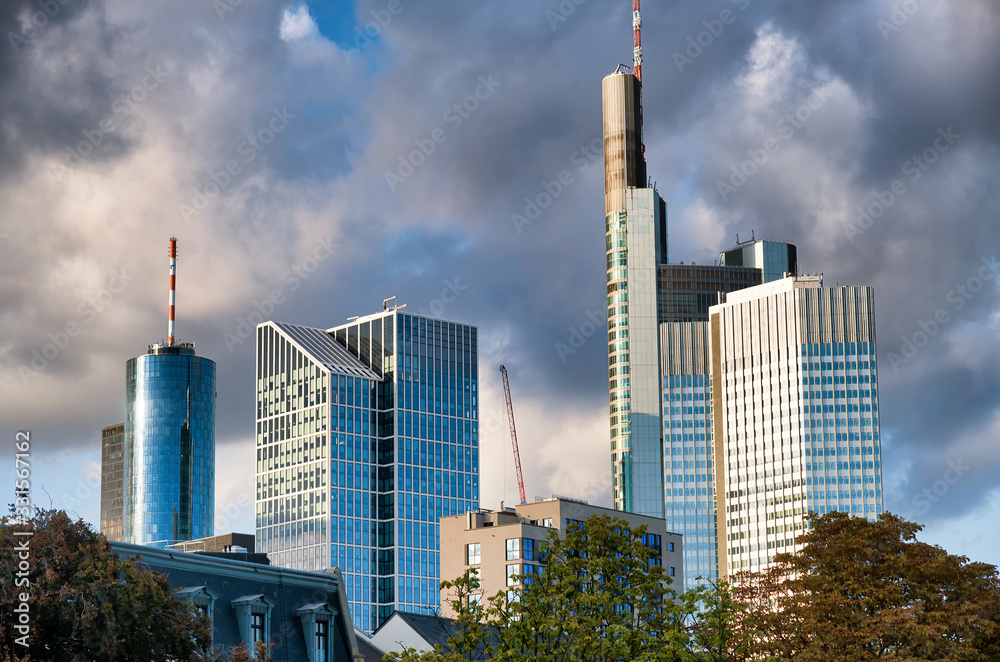 Naklejka premium Amazing modern skyscrapers of Frankfurt. Business concept