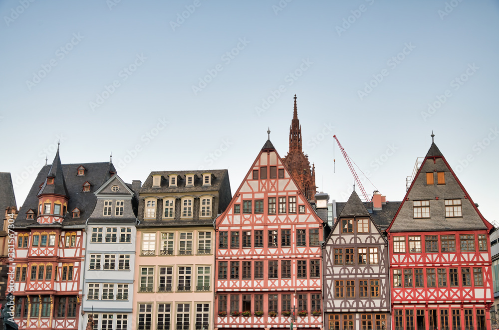 Romerberg city old square in central Frankfurt with medieval buildings