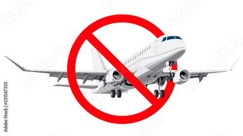 Ban flying. forbidden sign with realistic style airplane.