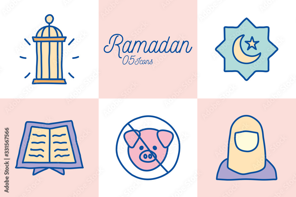 Ramadan line and fill style icon set vector design