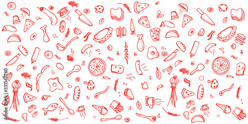 Set of fast food red doodles on white background. Vector illustration with hand sketches. Perfect for menu or food package design.